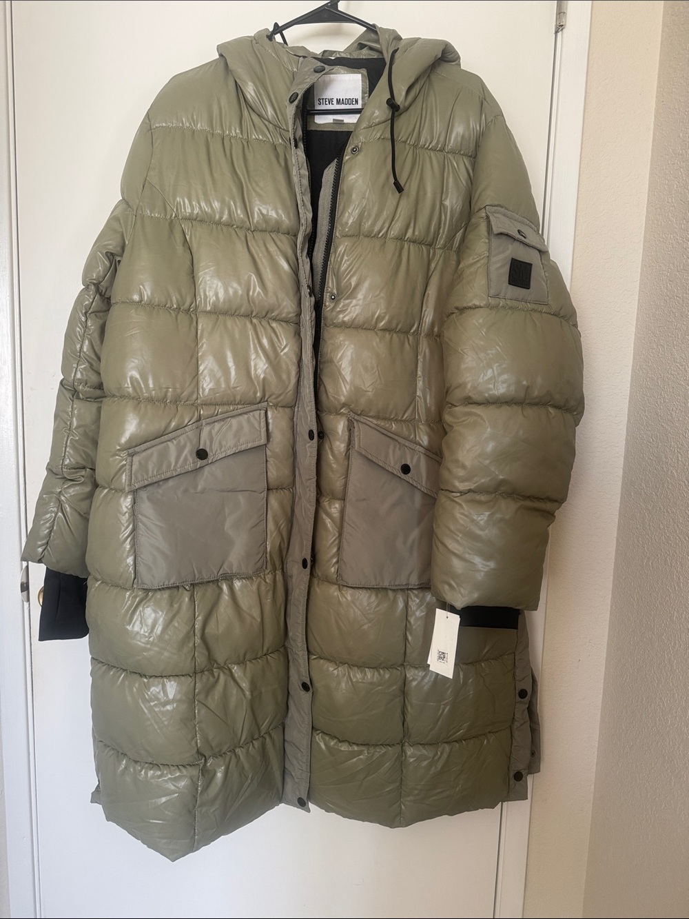 Steve Madden Olive Quilted Long Hooded Puffer Coat NWT XXL